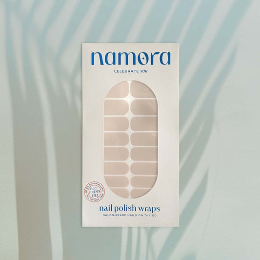 Namora nail polish wraps packaging on a light blue background