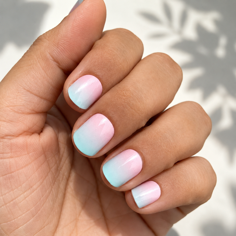 Hand with pastel gradient nails on a neutral background
