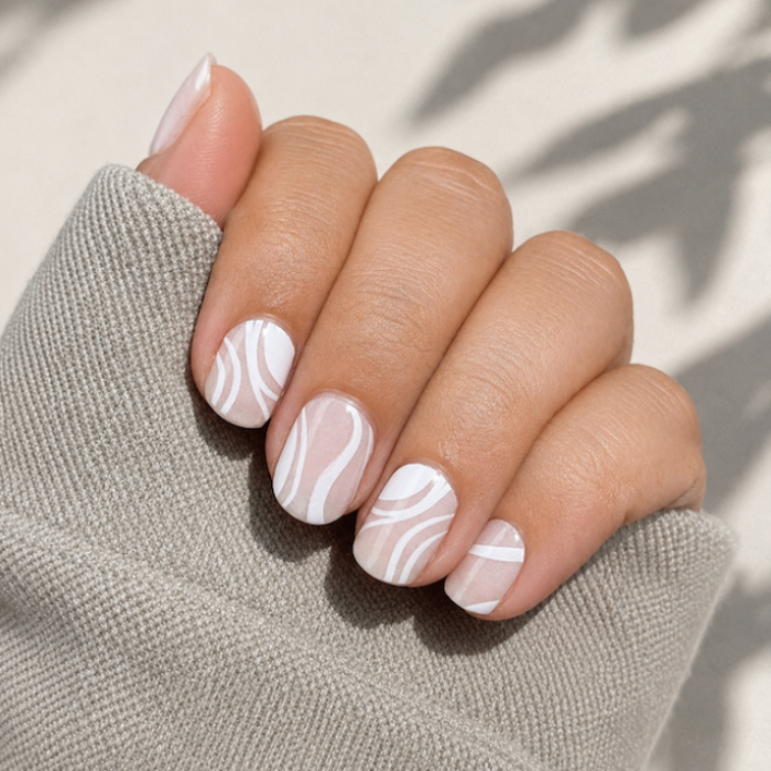Hand with marbleized nail design wearing a gray sleeve on a neutral background