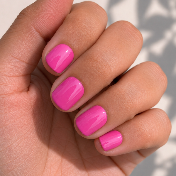 Hand with Hot pink nail wraps by namora against a neutral background