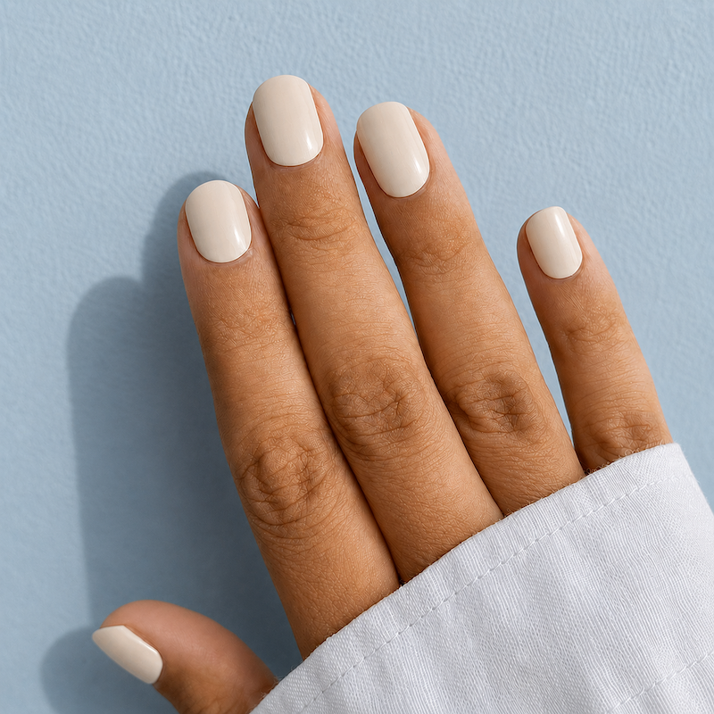 Hand Wearing Oat Milk Nail Wraps by Namora 