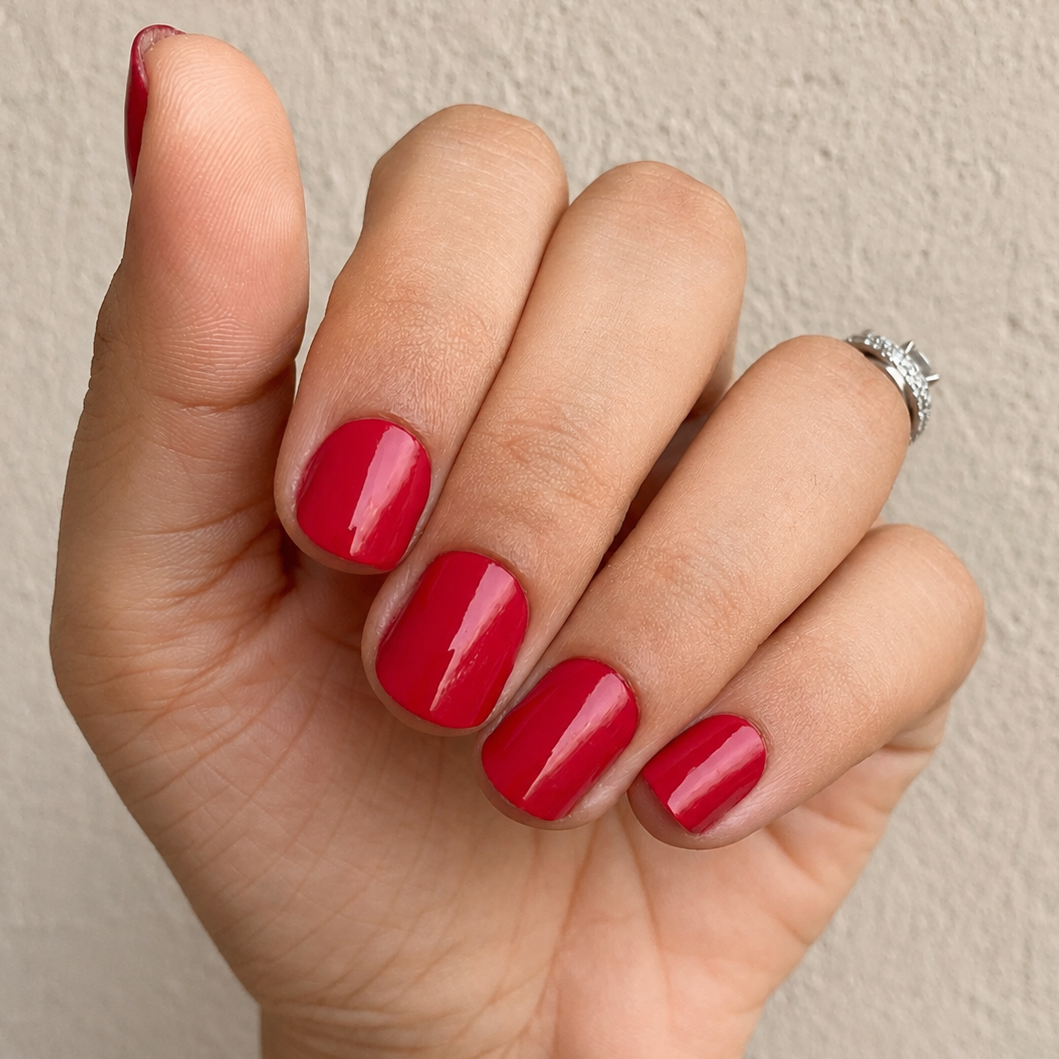 Hand wearing Ruby Who Nail Wraps by Namora 