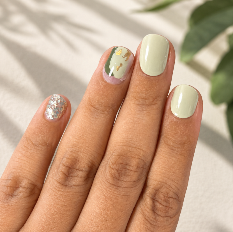 Hands wearing Sage Martini Nail Wraps by Namora 
