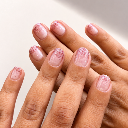 Close-up of hands with pink glittery nail wraps by Namora on a neutral background