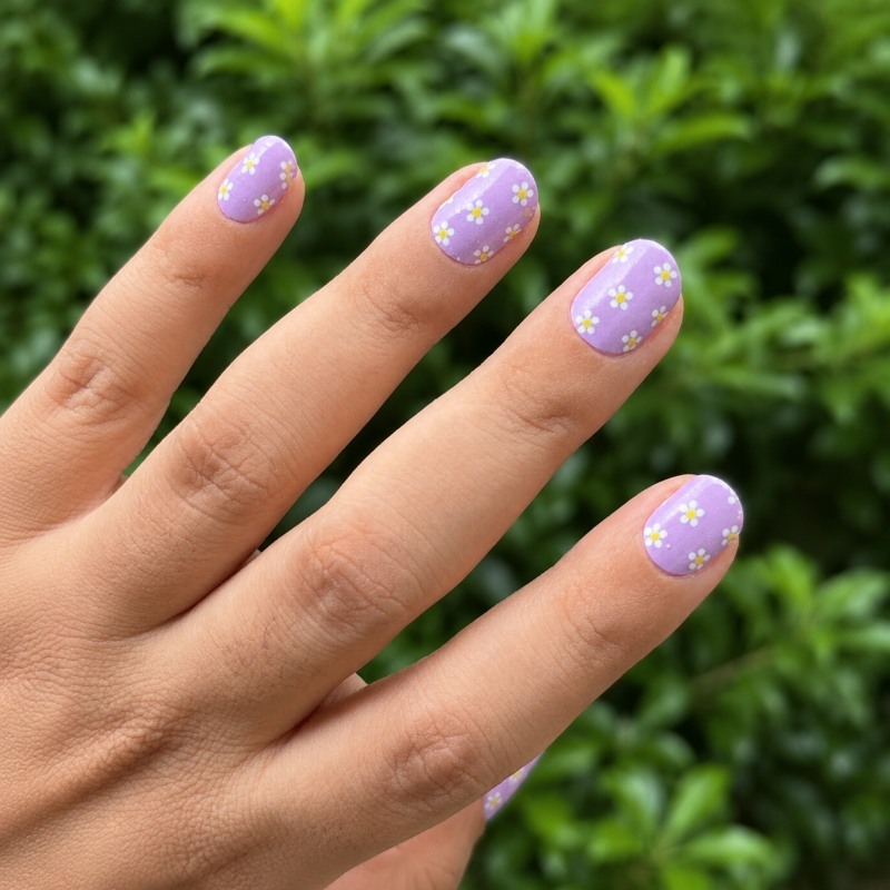Hand with purple nail wraps featuring white floral designs against a green leafy background