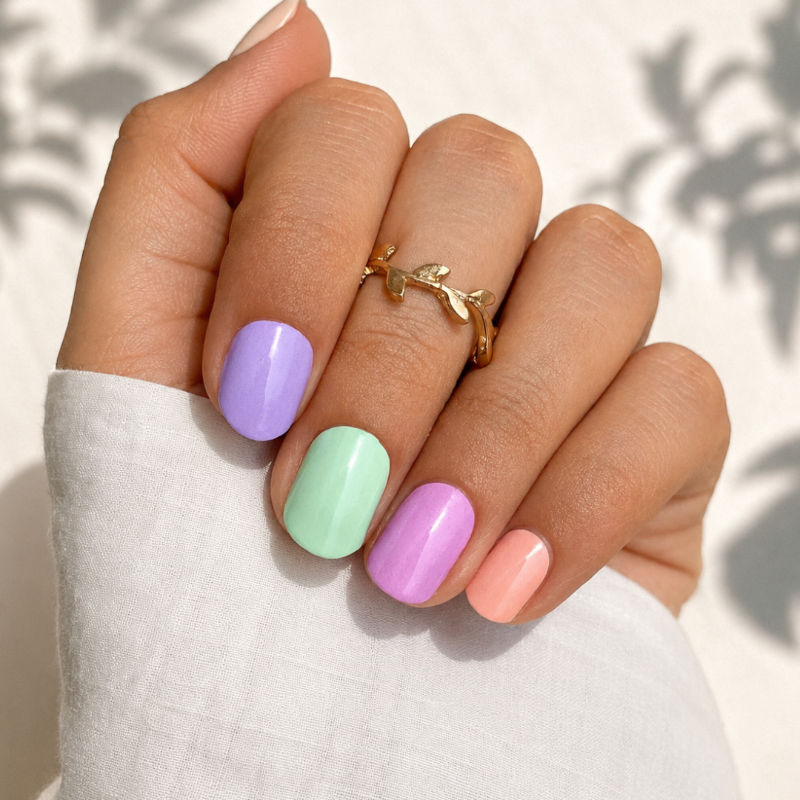 Hand with pastel nail colors and a gold ring on a neutral background