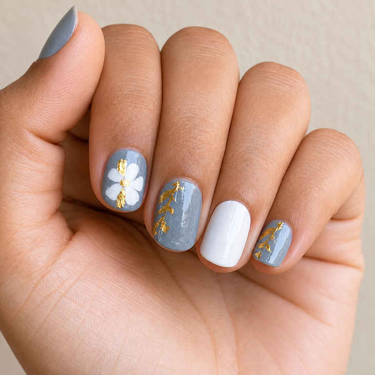 Hand wearing Tokyo Daisy Nail Wraps by Namora 