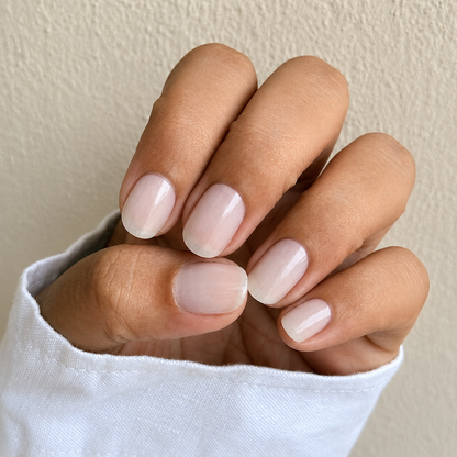 Hand wearing Barely There, milky white nail wraps by Namora