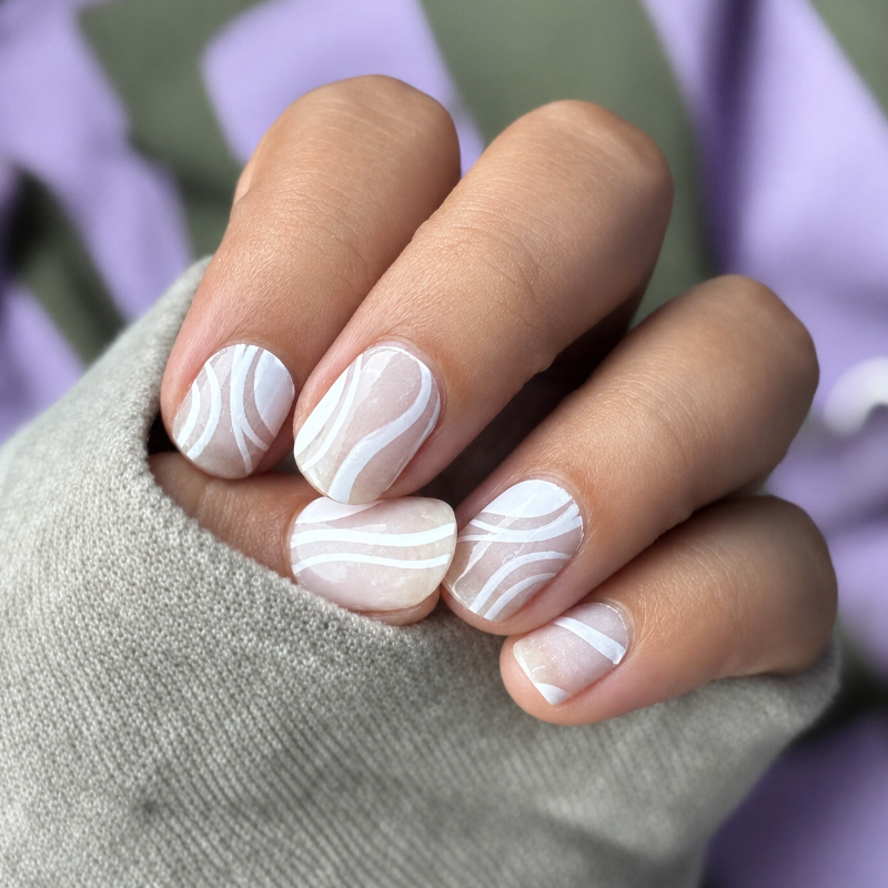 Close-up of a hand with marbleized nail design on a blurred background
